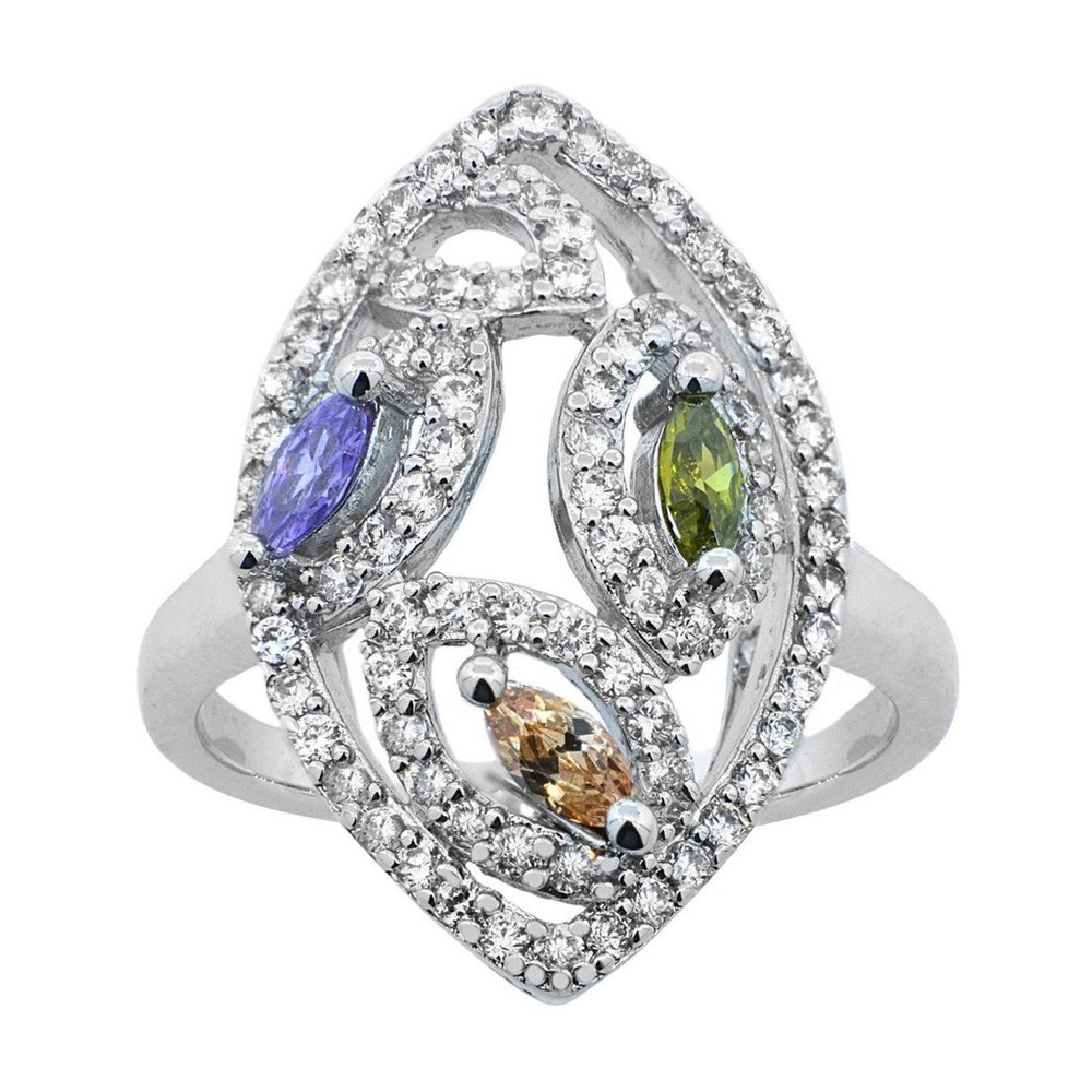 Silver-toned marquise tri-color cubic zirconia stones statement ring - Size 6
